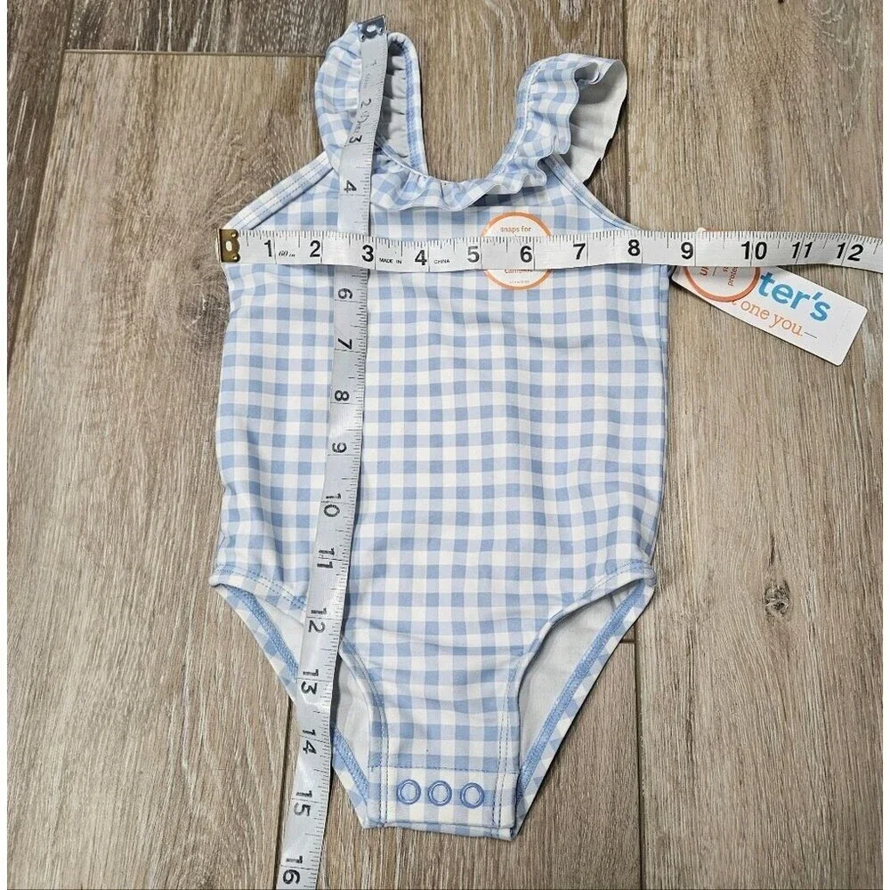 Carter's One Piece Swimsuit Blue Gingham Plaid Ruffle Bow Infant Girl 12 Month